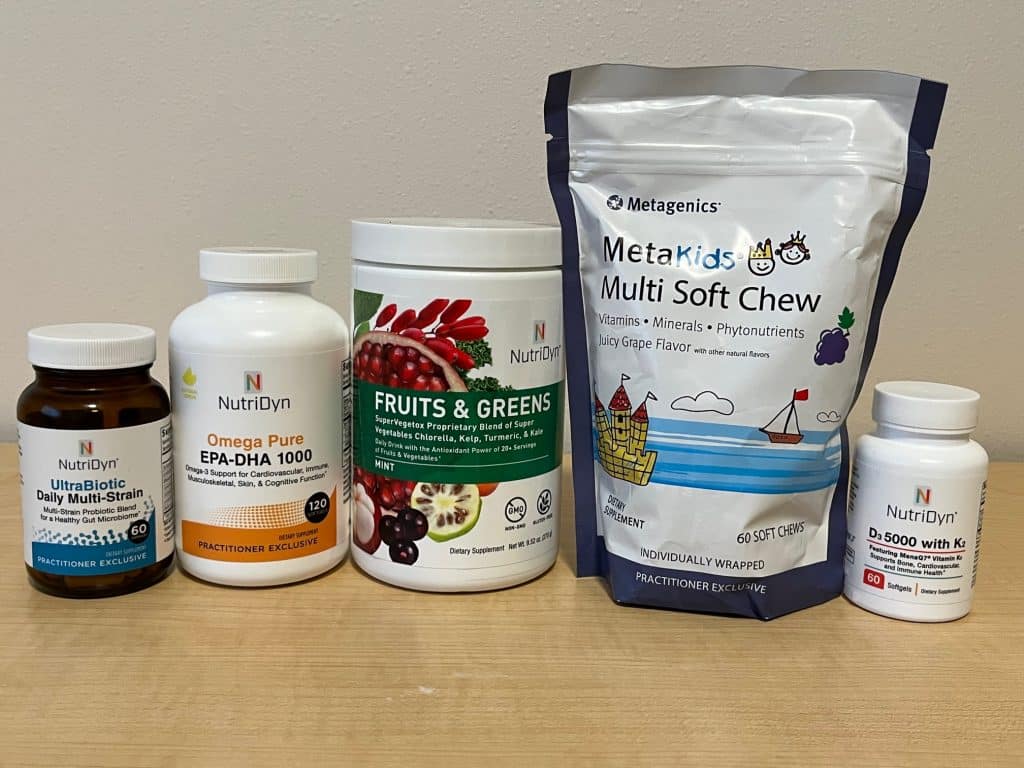 Vitamins and nutritional supplements available at a chiropractic office.
